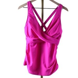 Hilor Womens Hot Pink Crossover Wrap Tankini Top Swimsuit Ruched Size 12 NEW